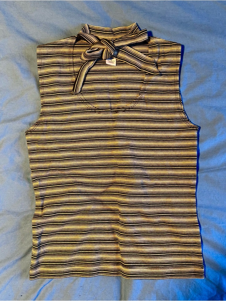 Vintage Tie-Neck 100% Cotton Cream/Black Striped Top M